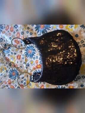 Black Sequin Shoulder Bag with Silver Chain Rings